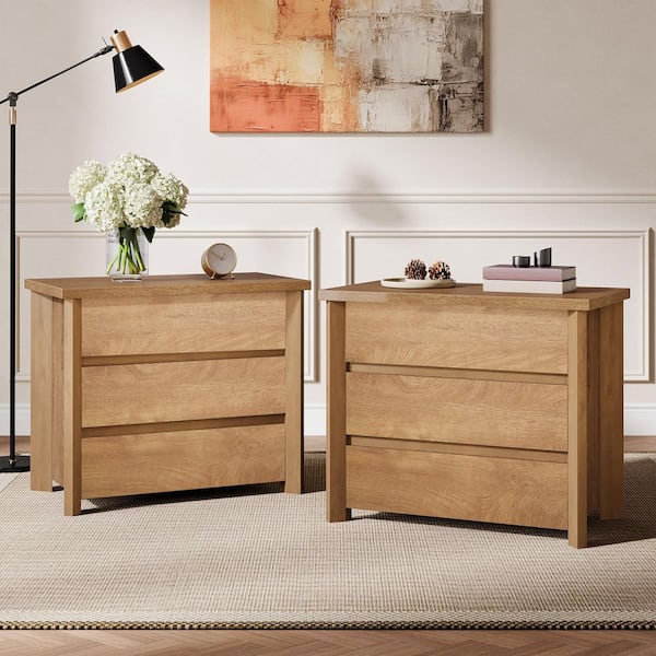 Fenley Light Brown Oversized Nightstands, 3-Drawer 31.5 in. Bedside Table, Large Nightstands for Bedroom, 2 Pieces