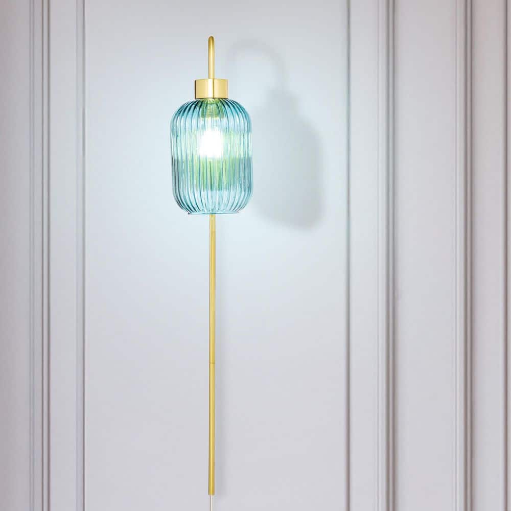Harlow 8.625 in. 1-Light Brushed Gold-Colored Wall Sconce with Blue Globe-Shaped Glass Shade price history on PriceWatchPro