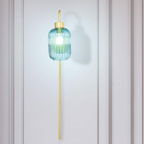 Harlow 8.625 in. 1-Light Brushed Gold-Colored Wall Sconce with Blue Globe-Shaped Glass Shade