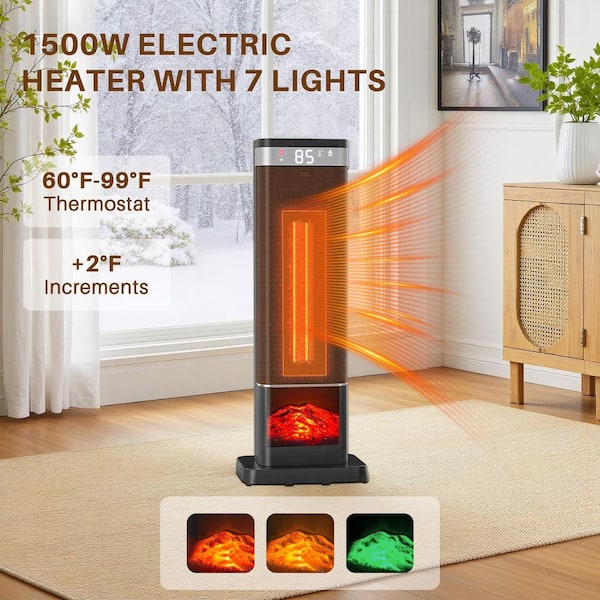 24 in. Black 1,500-Watt Portable Electric Patio Heater with Remote and Thermostat, 60° Oscillation, Indoor Use