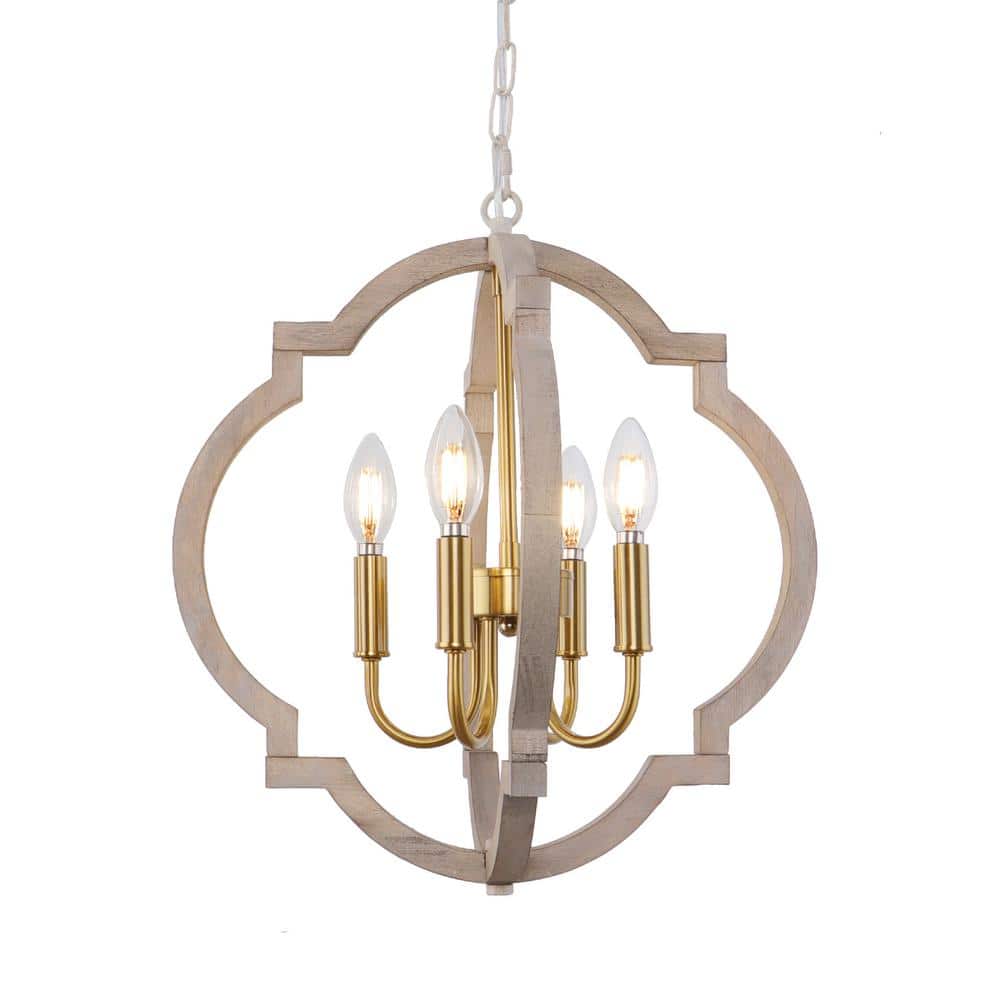 4 - Light Wood Dimmable Rustic French Country Gold Chandelier Light for Kit