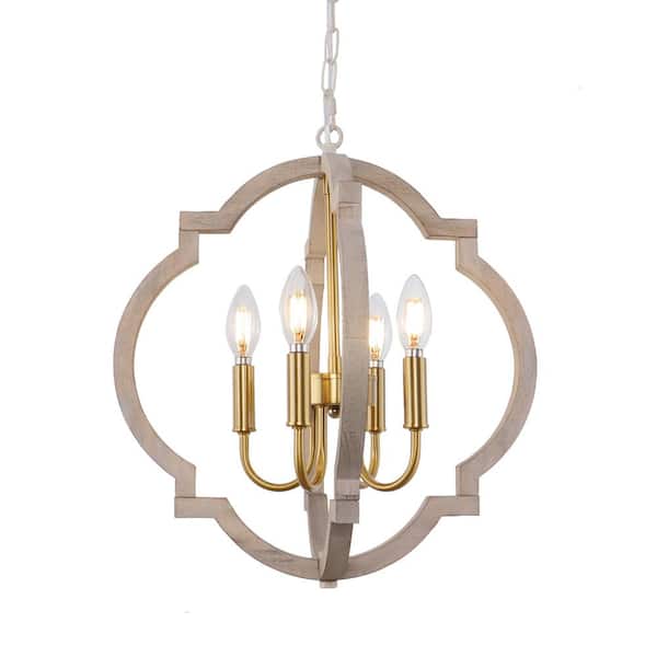 Unbranded 4 - Light Wood Dimmable Rustic French Country Gold Chandelier Light for Kitchen Island Bedroom Dining Room Entryway