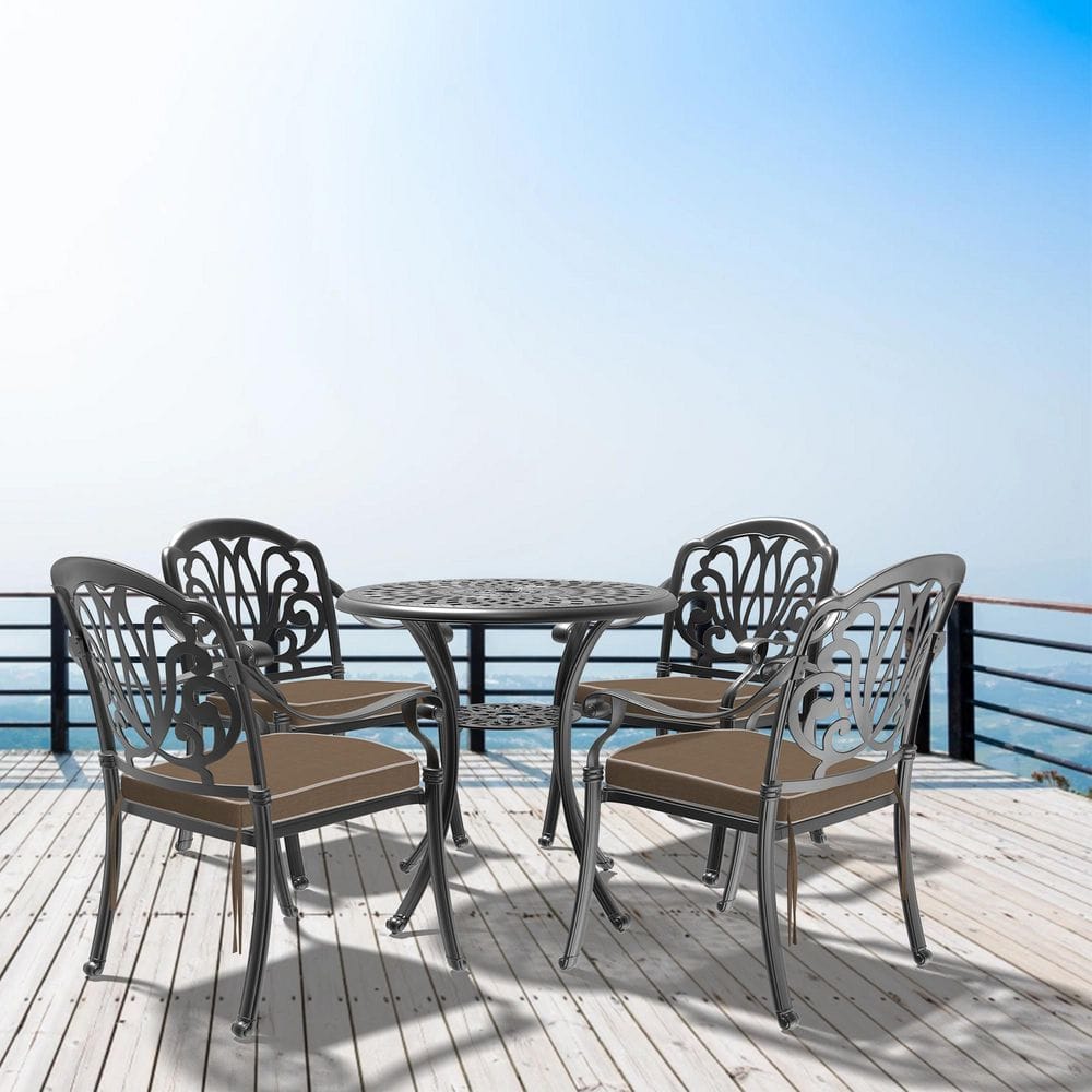 Black 5-Piece Cast Aluminum Outdoor Dining Set with Brown Cushions, Stackable Patio Furniture price history on PriceWatchPro
