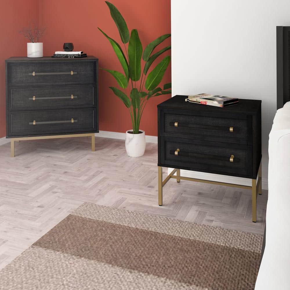 Sophia Gray Rattan 2-Drawer Nightstand with Brass Accents
