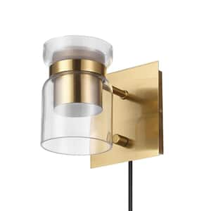 1-Light Matte Brass LED Integrated Plug-In or Hardwire Wall Sconce with Clear Glass Outer Shade and Frosted Inner Shade