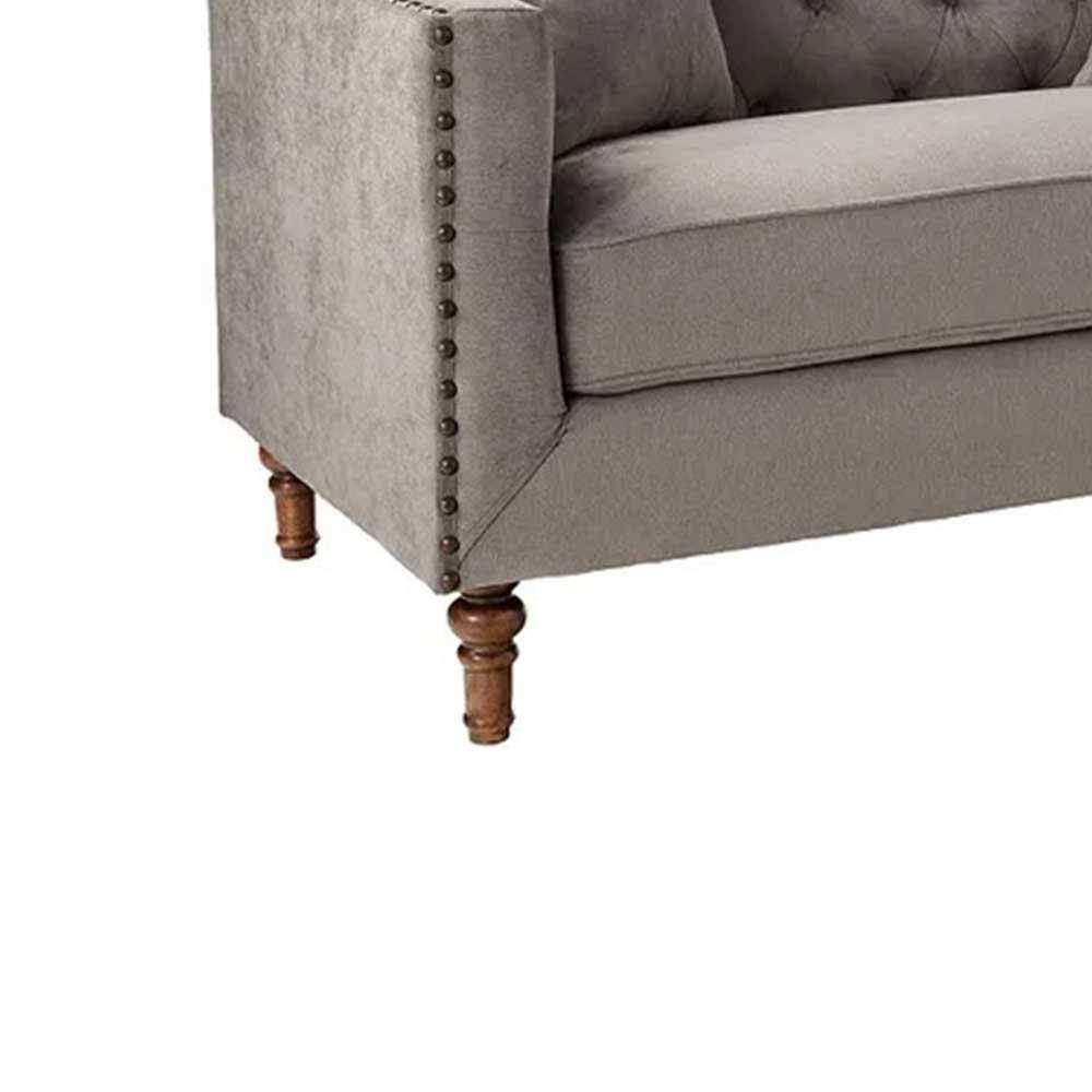 Gray Velvet Tufted Loveseat with Nailhead Trim and Cup Holder