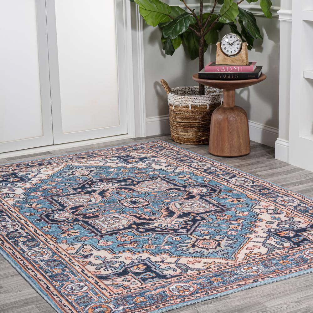 Cirali Blue and Beige Medallion Washable Area Rug