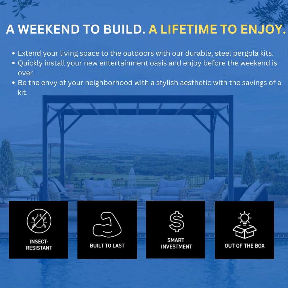Modern Heavy Duty Black Steel 8 ft x 12 ft Pergola Kit