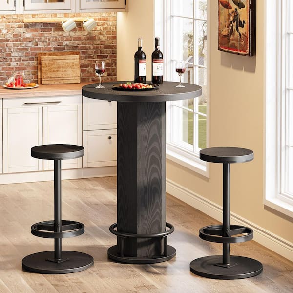 Kearsten Black 3 Piece 37.38 in. H Round Wood Bar Table Set with 2-Barstools