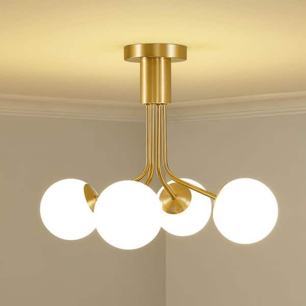4-Lights Modern Mid-Century Ceiling Light Gold Metal Sputnik Chandelier Dimmable With Glass Shade For Kitchen Island