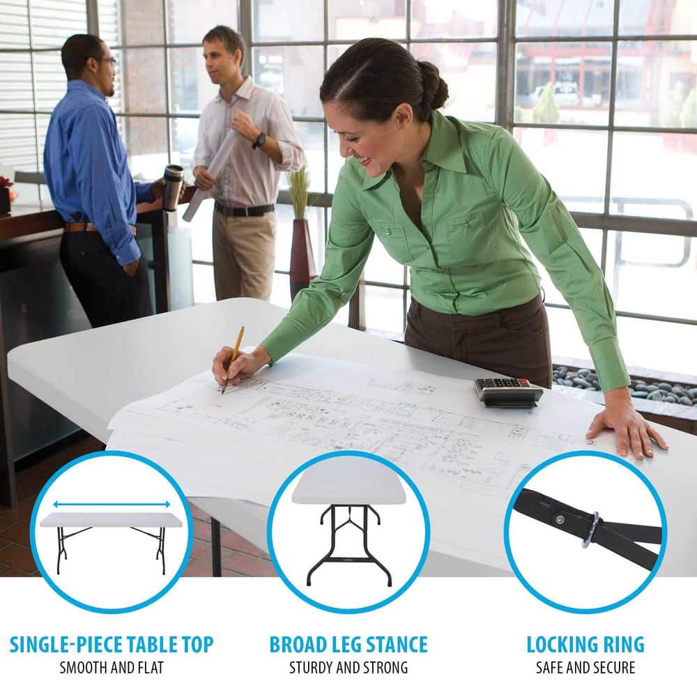 6-Foot White Granite Rectangular Folding Table with Steel Frame