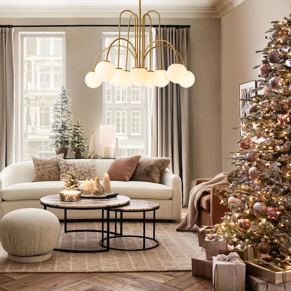 Erik 10-Light Gold Unique Modern Elbow Chandelier with Milky White Glass Shades