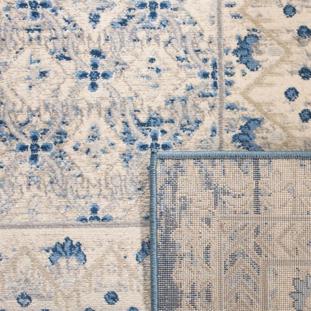 Light Grey and Blue Square Synthetic Geometric Area Rug
