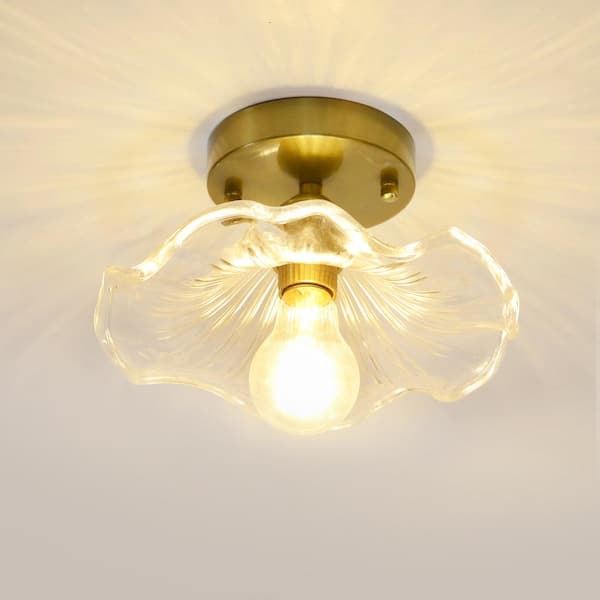 TOZING 9 in. Gold Modern Indoor Clear Glass Shade Lotus Leaf petal Flower Design Novel Semi-Flush Mount Ceiling Light