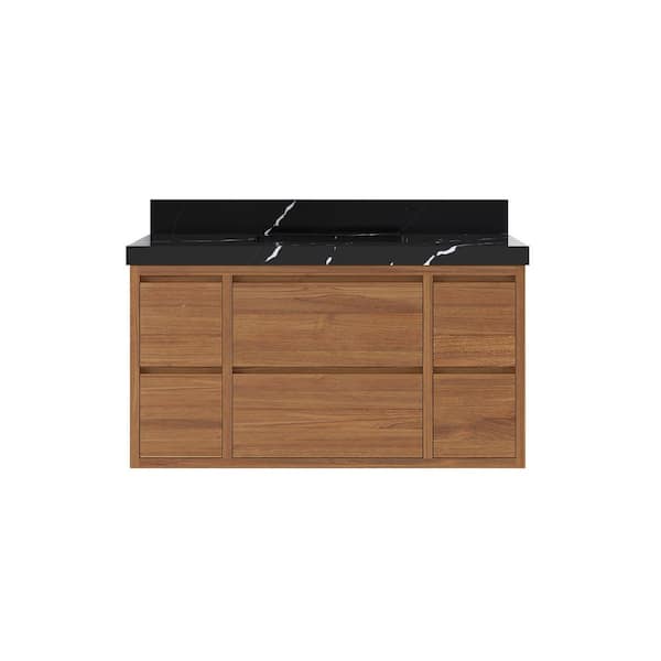 Willow Collections Madison Float 42 in. W x 22 in. D x 36 in. H Single Sink Bath Vanity in Dark Natural with 2" Calacatta Black quartz Top