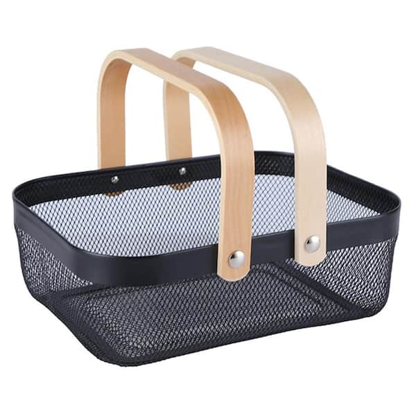 Black Metal Mesh Wire Storage Basket with Wooden Handle, 12.6 x 9.65 x 4.33 in Kitchen and Garden Bin