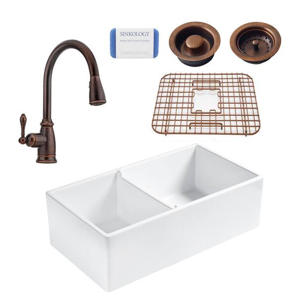 SINKOLOGY Brooks All-in-One Farmhouse Apron Fireclay 33 in. 60/40 Double Bowl Kitchen Sink with Rustic Bronze Faucet and Drains