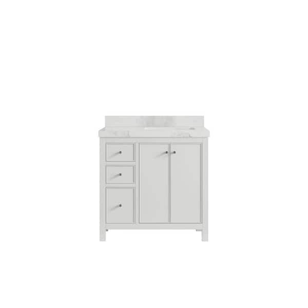 Willow Collections Chicago 36 in. Right Offset Sink Freestanding White Bath Vanity with Calacatta Nuvo Qt. Top Unassembled