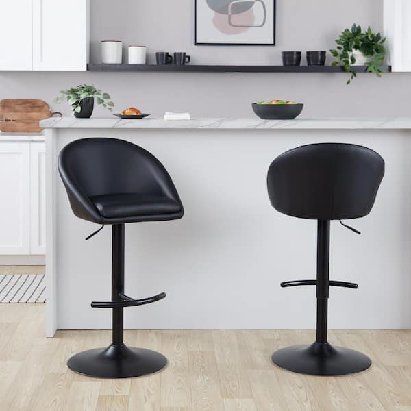 LumiSource Matisse Highback 32.5 in. Black Faux Leather and Black Metal Adjustable Bar Stool with Rounded T Footrest (Set of 2)