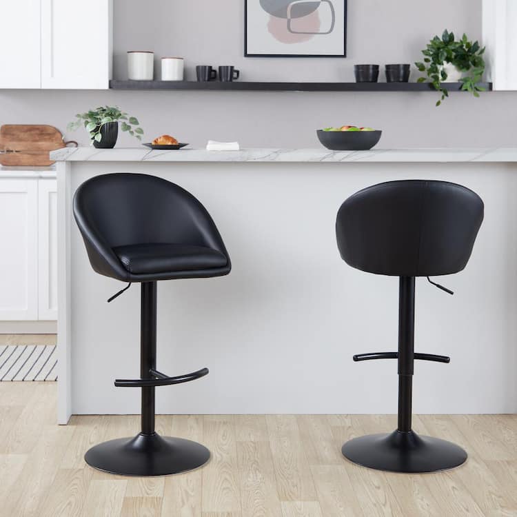 LumiSource Matisse Highback 32.5 in. Black Faux Leather and Black Metal Adjustable Bar Stool with Rounded T Footrest (Set of 2)