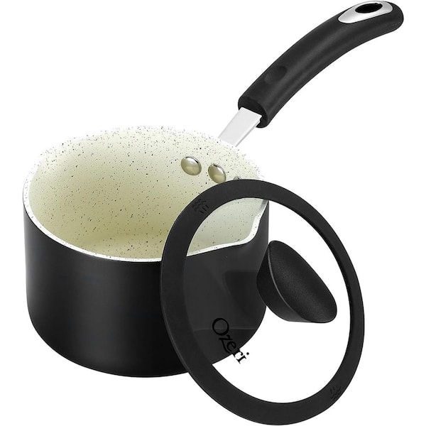 1.6 Qt. Stone Layered with Aluminum Core Nonstick Saucepan in Lava Black with Silicone Coated Handle and Glass Lid