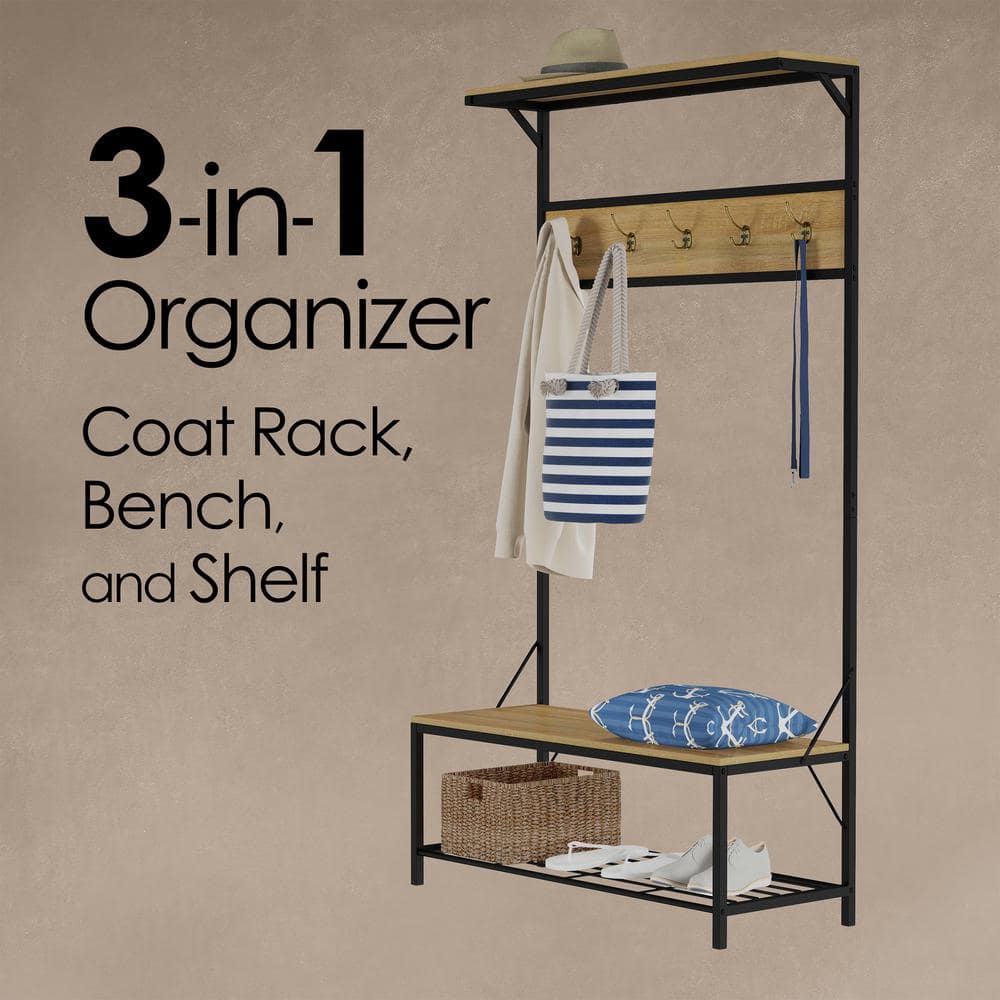 Rustic Black and Woodgrain Hall Tree with Storage Bench