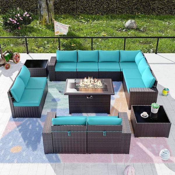 Halmuz 13-Piece Wicker Patio Conversation Set with 55000 BTU Gas Fire Pit Table and Glass Coffee Table and Blue Cushions