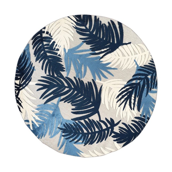 Tropical Floral Modern Indoor/Outdoor Navy 8 ft. ROUND Area Rug