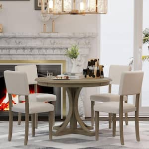 5-Piece Retro Round Taupe MDF Top Dining Room Set with Curved Trestle Style Table Legs and 4-Upholstered Chairs