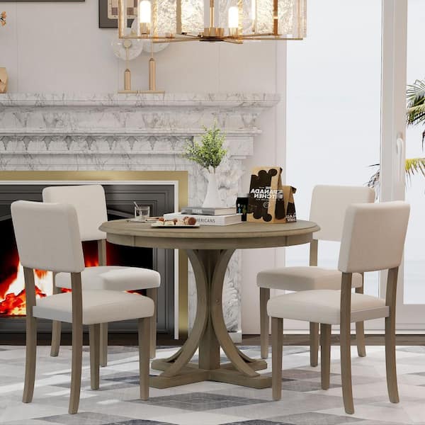 Clihome 5-Piece Retro Round Taupe MDF Top Dining Room Set with Curved Trestle Style Table Legs and 4-Upholstered Chairs