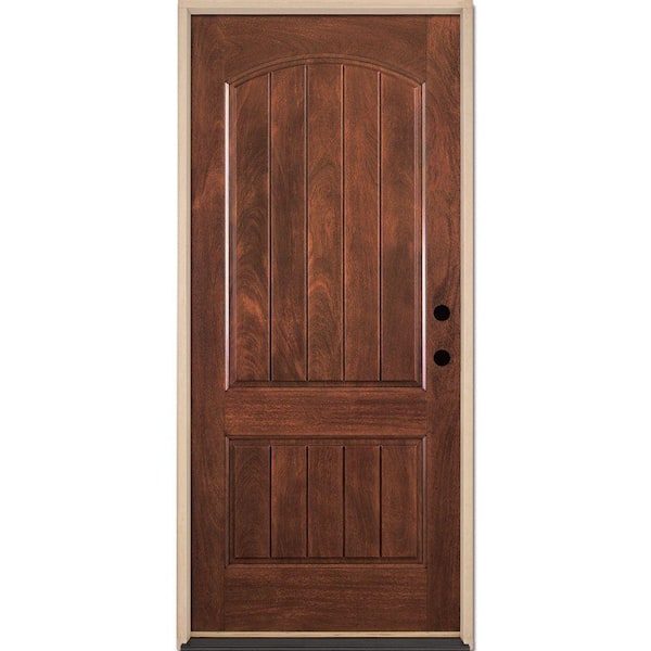 Feather River Doors 37.5 in. x 81.625 in. 2-Panel Plank Chocolate Mahogany Stained Left-Hand Inswing Fiberglass Prehung Front Door