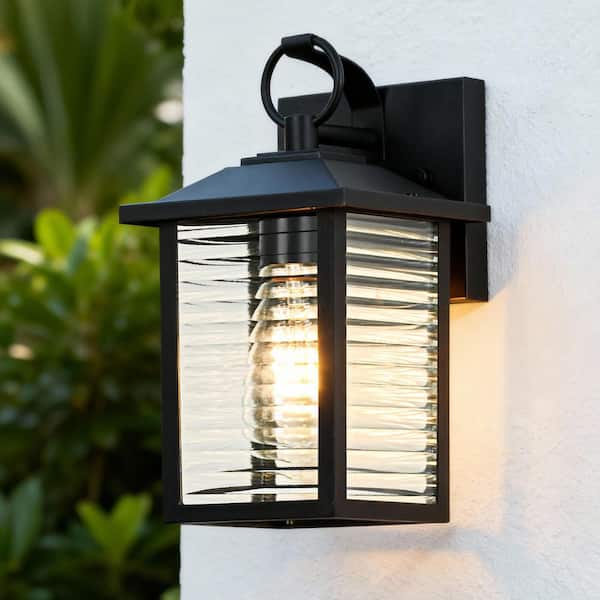 11 in. 1-Light Sand Black Hardwired Outdoor Wall Light Lantern Porch Sconce with Ribbed Clear Glass, No Bulbs Included
