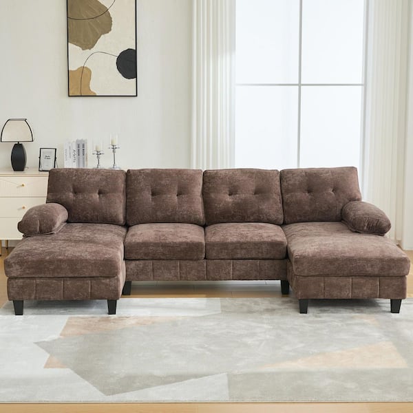 103.5 in. W Big Pillow Top Armrest Chenille U-Shaped Sectional Sofa in Brown with Side Pockets, Strong Legs