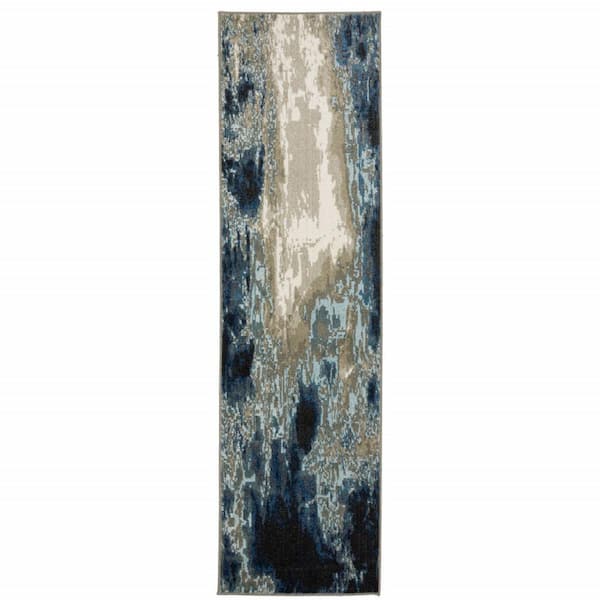 Blue Grey Charcoal and Beige Abstract 2 ft. x 8 ft. Power Loom Stain Resistant Runner Rug