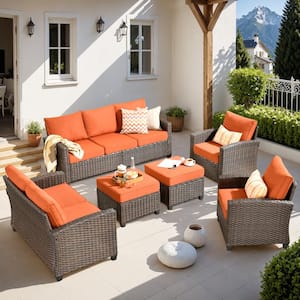 Solidago Brown 6-Piece Wicker Outdoor Patio Conversation Seating Set with Orange Red Cushions