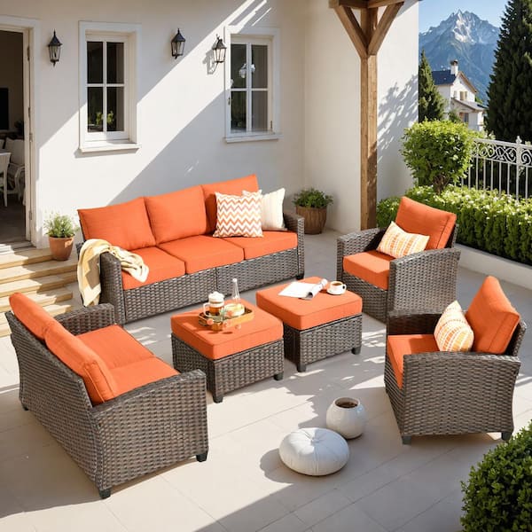 XIZZI Solidago Brown 6-Piece Wicker Outdoor Patio Conversation Seating Set with Orange Red Cushions