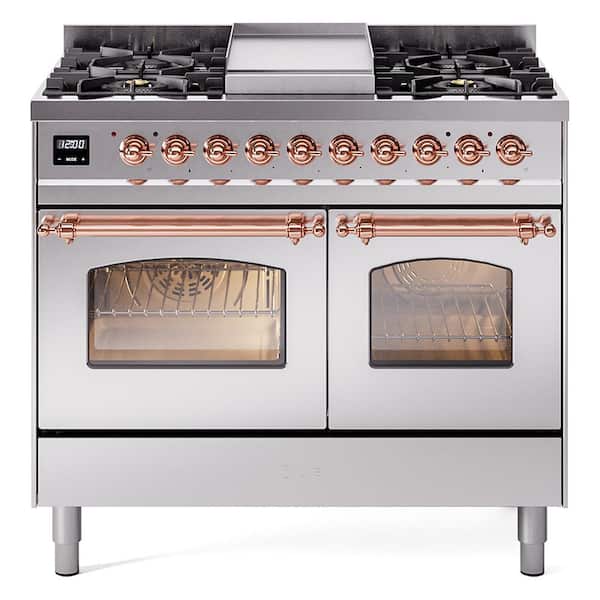 ILVE Nostalgie II 40 in. Dual Fuel Liquid Propane Range with 6-Burnerss, Griddle, Copper Trim in Stainless Steel