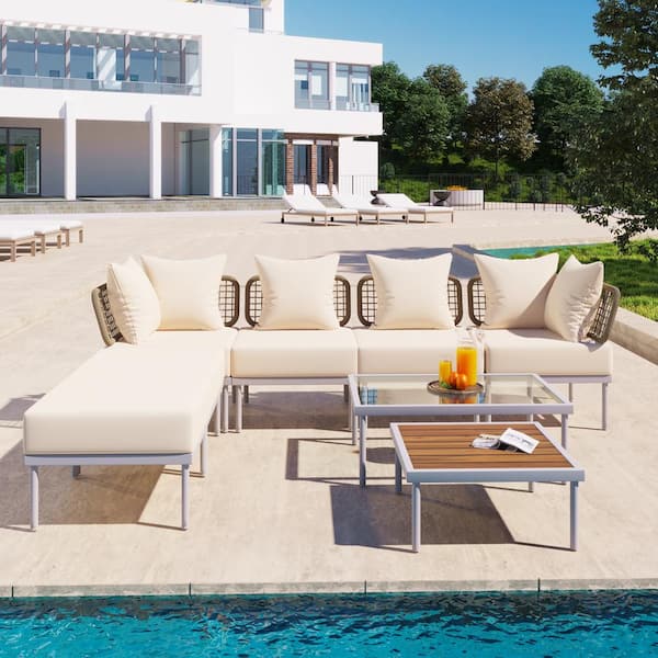 Unbranded 8-Piece Metal Corner Outdoor Sectional Chair with Tempered Glass Coffee Table and Wooden Coffee Table, Beige Cushion