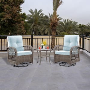 Outdoor 3-Piece Brown Wicker Patio Conversation Set with Light Blue Cushions, Swivel Chairs and Glass Top Table Set