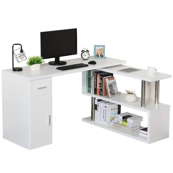 HOMCOM 55 in. L-Shaped White 1-Drawer Writing Computer Desk with Storage Shelves