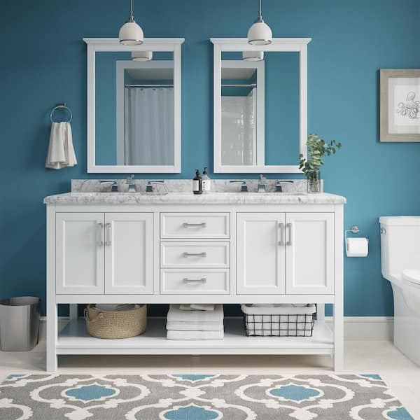 Home Decorators Collection Everett 61 in. W x 22 in. D Vanity Cabinet in White with Carrara Marble Vanity Top in White with White Basins