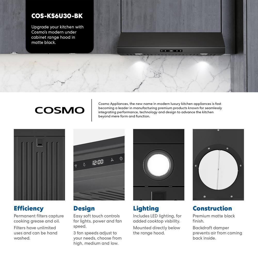 30-Inch Matte Black Stainless Steel Under Cabinet Range Hood