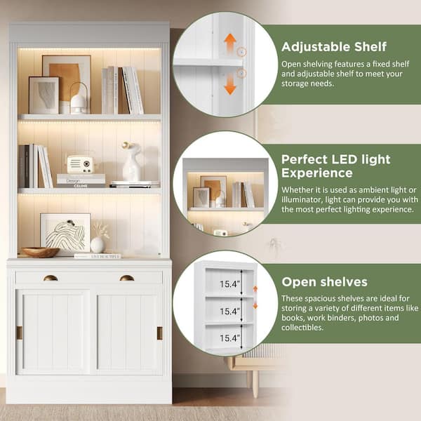83.4 in. Tall White Wood 3-Shelf Standard Bookcase with Drawer, Sliding Doors and LED Light 83.4 in. Tall White Wood 3-Shelf Standard Bookcase with Drawer, Sliding Doors and LED Light