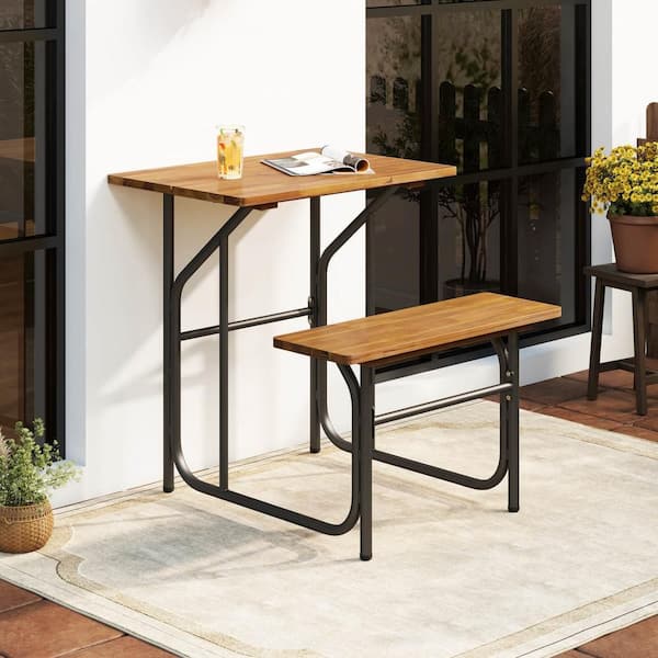 2 Pieces Patio Table Bench Set Picnic Table and Seat with Acacia Wood Top Metal Legs