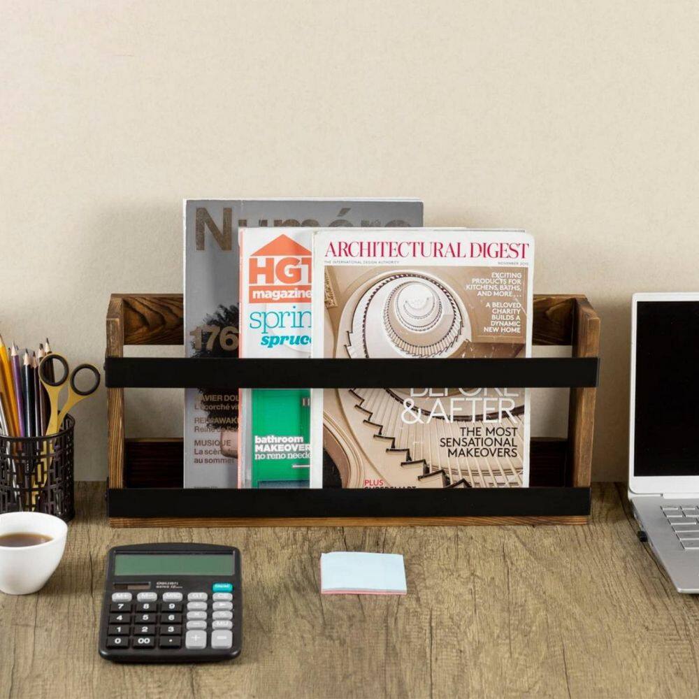 Brown Magazine Rack Dark Brown and Black 18. 3 in. x 8. 3 in. Wood and Matte Black Metal ...