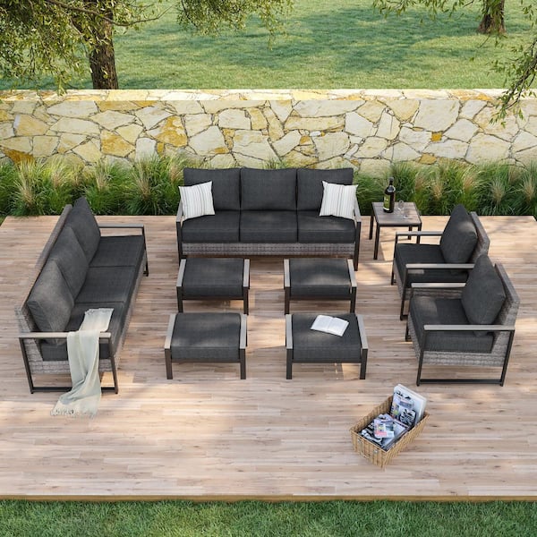 Sonkuki 9 Pieces Patio Conversation Set Sofa Set with Ottomans and Side Table Gray PE Wicker with Black Cushion