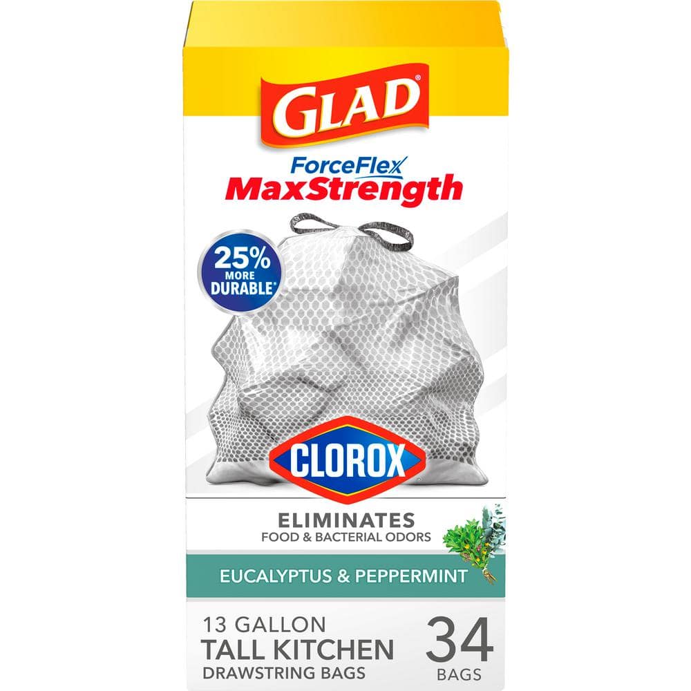 Glad ForceFlex Plus Tall Kitchen Bags, Drawstring, Grips-The-Can, Eucalyptus & Peppermint, 13 Gallon - 34 bags