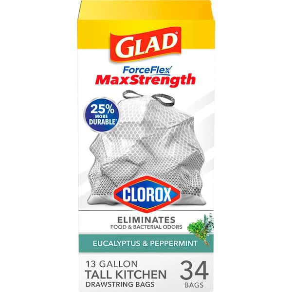 Glad ForceFlex MaxStrength with Clorox Trash Bags, 13 Gal, Eucalyptus and  Peppermint, 34 Ct 1258722277 - The Home Depot