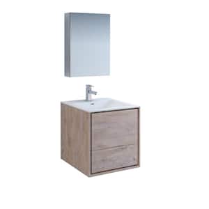 Catania 24 in. Modern Wall Hung Vanity in Rustic Natural Wood with Vanity Top in White with White Basin,Medicine Cabinet