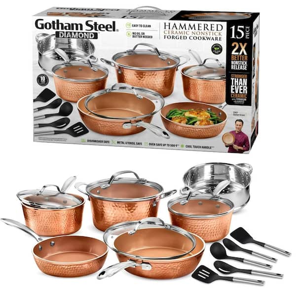 Gotham Steel Hammered Copper 15-Piece Aluminum Non-Stick Cookware Set with Utensils